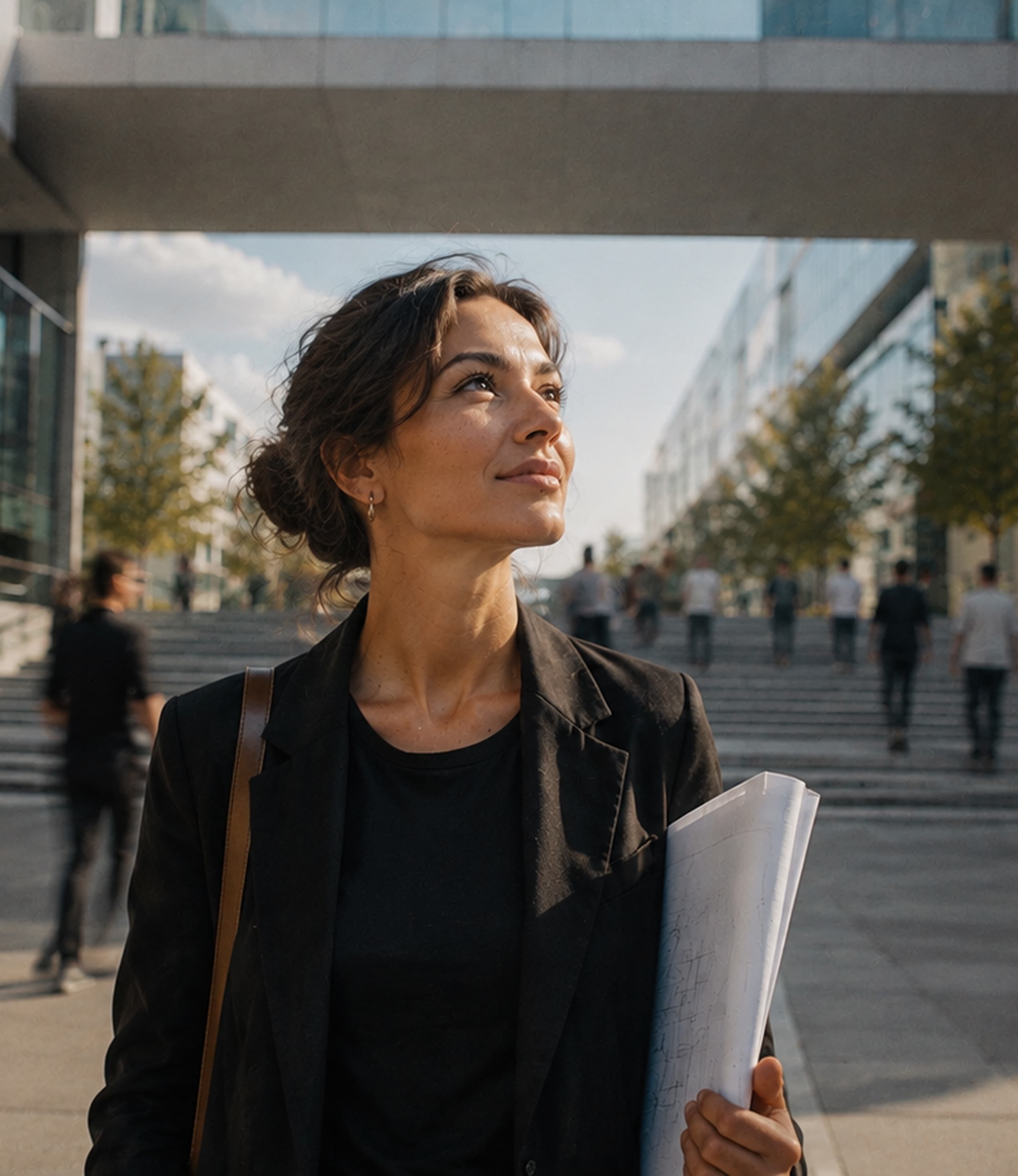 Professionnelle de l’aménagement avec ses plans, dans un quartier d’affaires