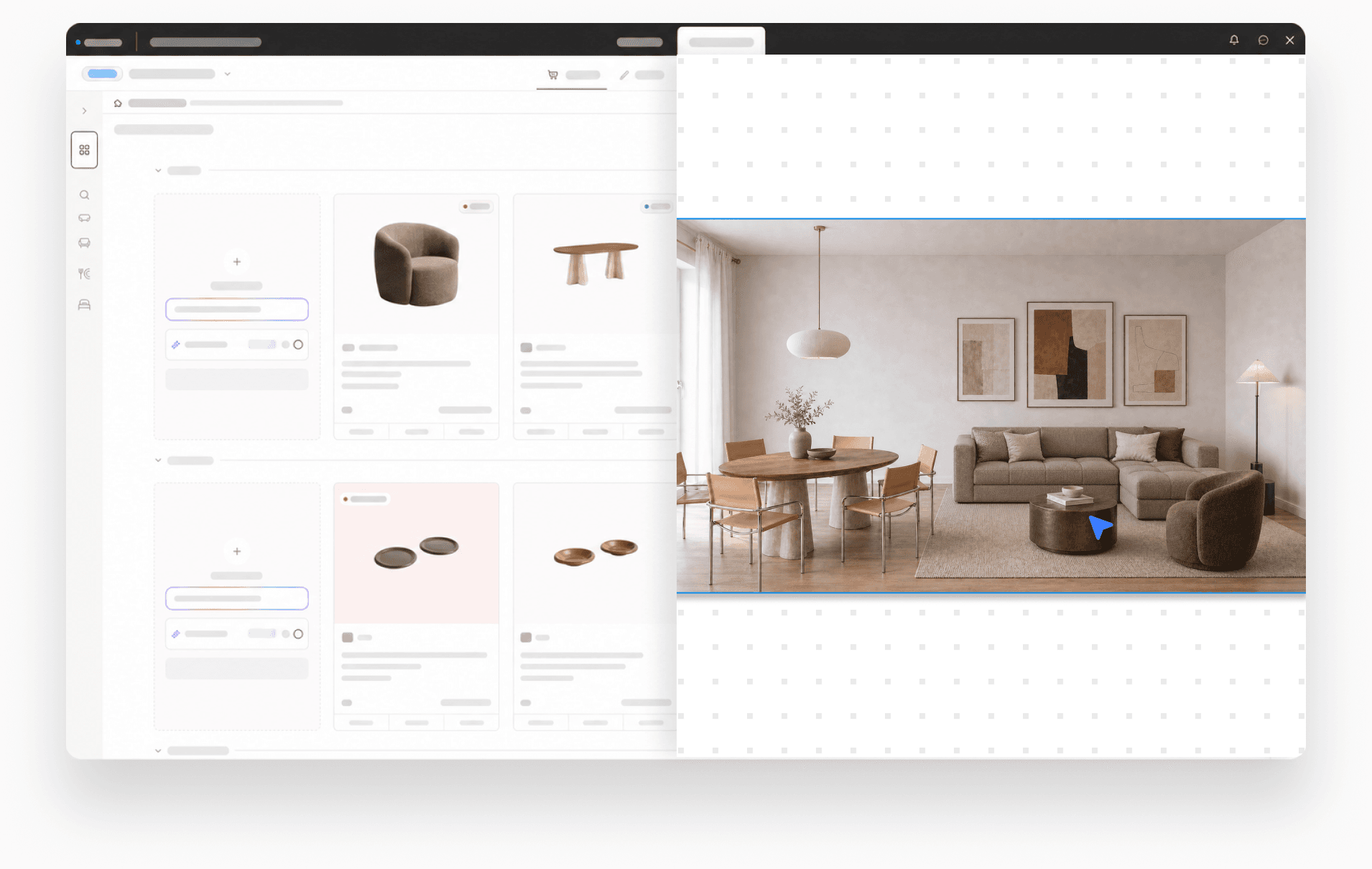 Interface Phasen : shopping list produits et rendu 3D de la pièce