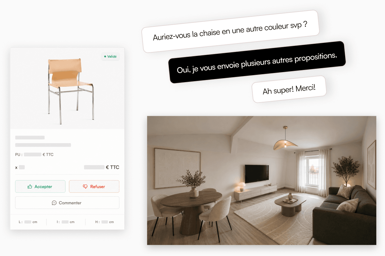 Échanges de validation client autour d’une chaise et rendu de la pièce